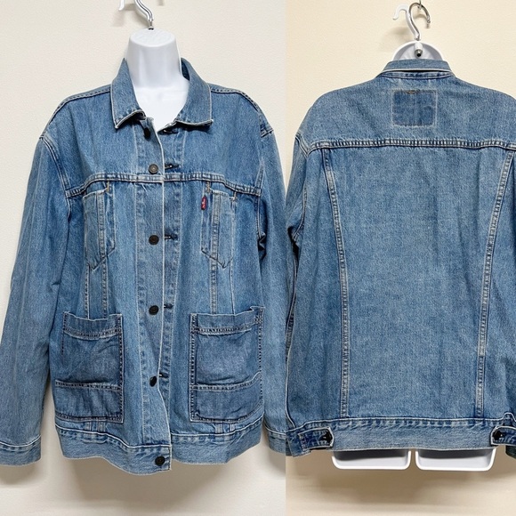 Levis Mens Medium Wash Button Up Altered Denim Worn In Trucker Jacket Size XL - Picture 12 of 12